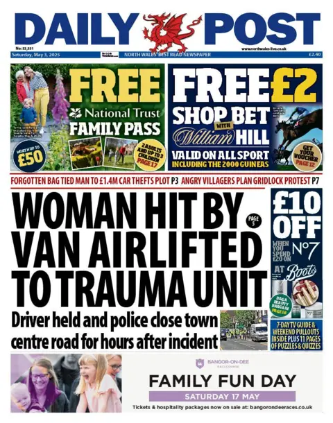 Daily Post Front page of Daily Post. Main headline reads: Woman hit by van airlifted to trauma unit: Driver held and police close town centre for hours after incident. Other headlines read: Forgotten bag tied man to £1.4m car thefts plot, and angry villagers plan gridlock protest. 