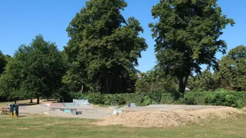 Grass park with skate park featuring slopes to the left and a higher platform on the right. There is graffiti on the ramps. There are two people standing at the edge of the skate park. There are trees and a hedge beyond the skate park.