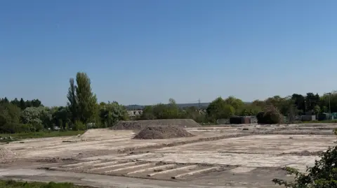 The view from Angela Pritchard's garden shows piles of rubble. The gatehouse can be seen in the distance.