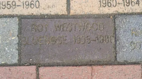 Julie Westwood A dark grey memorial stone cemented into the ground with writing in block capitals that reads "Roy Westwood, bluenose, 1935-1988". Two cream memorial stones are placed above it, as well as light red stones below. 
