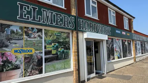 Zoie O'Brien/BBC The outside of Elmers Hardware. 
