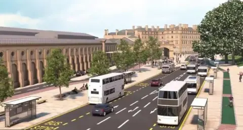 City of York Council Artist's impression of the York Station Gateway project, showing trees lining a wide road with bus stops on either side, and the station in the background.