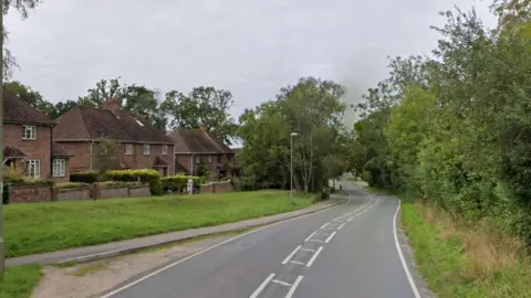 A winding road with short separation between the two lanes shows a row of house along one side. 