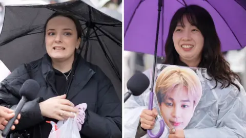 Split screen image of two fans outside BTS concert in Goyang, South Korea