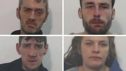 Police Scotland Four police mug shots of the four convicted people. Going clockwise from the top left: Barry Murray, a man with short brown hair and facial hair, Brian Miller, a man with short brown hair and facial hair, Scott Henderson, a man with brown hair, and Carri Stewart, a woman with long brown hair.