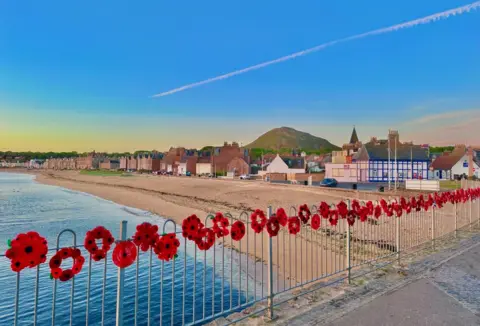 Pat Christie Knitted circles of poppies on a fence in front of a seaside town with the beach in the background