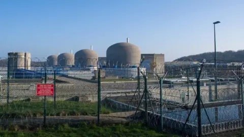 Nathan Laine/Bloomberg via Getty Images An external shot of Paluel Nuclear Plant's four reactors. They are large concrete domes with other buildings around them. Wire fences and pools of water are also visible