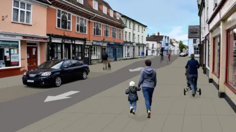 A computer generated image of Hadleigh High Street with a one-way system installed. There are arrows on the road with people walking with children and buggies on the pavements.
