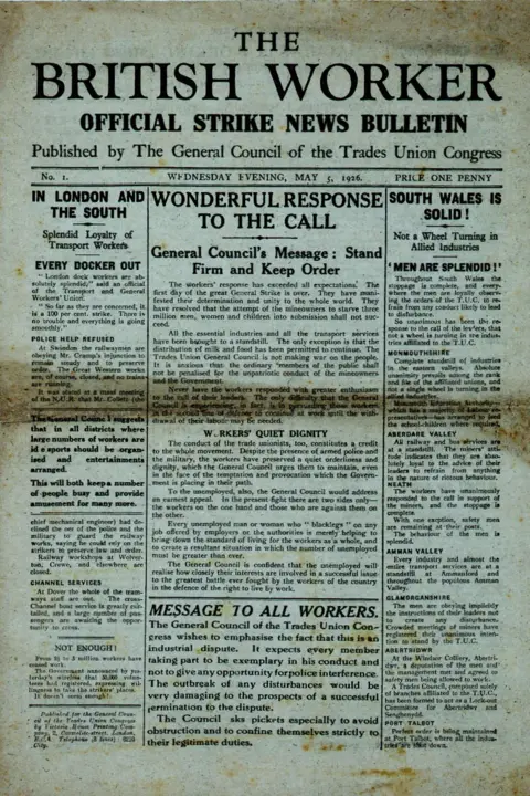 Photo 12 / Contributor via Getty A copy of The British Worker newspaper, which was published by the TUC during the 19256 General Strike. One of the headlines reads: "Wonderful response to the call".
