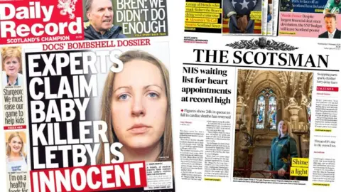 Composite image of the Daily Record (left), headlined: "Experts claim baby killer Letby is innocent" and The Scotsman (right), headlined: "NHS waiting list for heart appointments at record high"