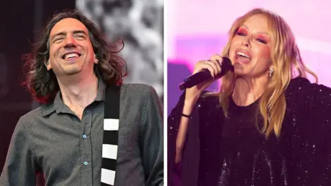 A composite image of Gary Liightbody, left, playing a guitar. He has long brown curly hair and is wearing a green shirt and has a stripey guitar strap over his shoulder. Kylie Minogue, right, is singing into a microphone. She has blond wavy hair and is wearing a black sequin top.
