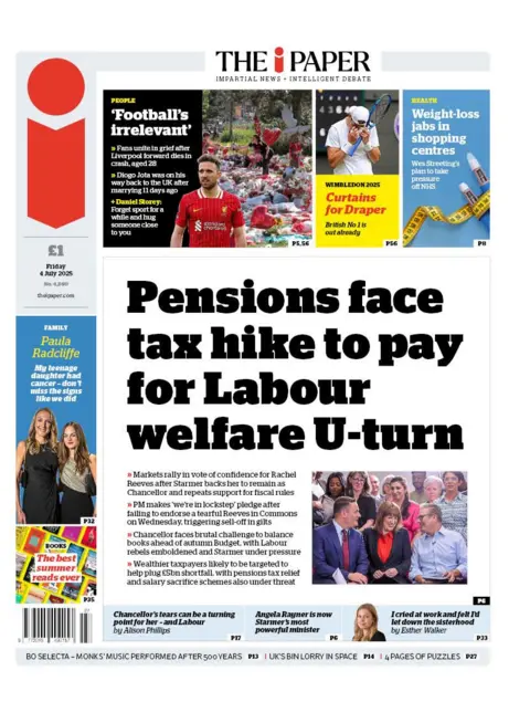 The i Paper leads on a report that Labour will look to taxing pensions as it seeks to pay for the "welfare U-turn". Also on its front, along with tributes to Diogo Jota, is a report that weight loss jabs may be made available in supermarkets as Secretary of State for Health and Social Care Wes Streeting seeks to take pressure off the NHS.  