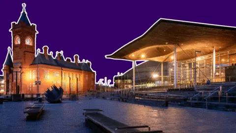 The Senedd building and Pierhead building in Cardiff Bay, at night, against a red graphic background