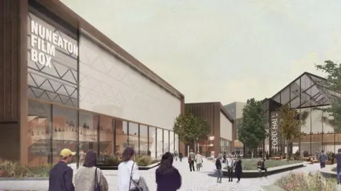 A CGI image of the regeneration project in Nuneaton, including a large film box building which is brown with glass frontage