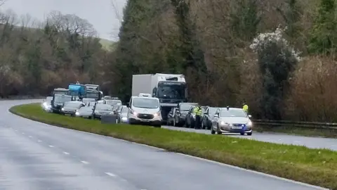 Queueing traffic coming towards the camera on a dual carriageway lined by trees. The near carriageway is empty.