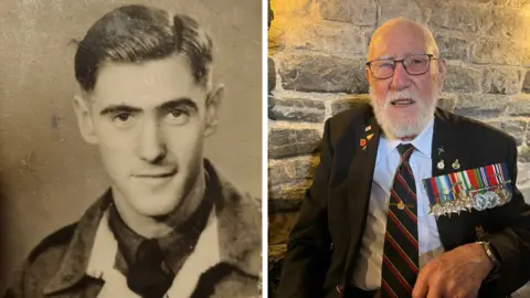 Royal Navy/BBC On the left is an old black-and-white headshot photo of a young man with short dark hair, in a royal navy uniform, smiling at the camera. On the right is a photo of the same man, aged 100. He is bald with a white beard and moustache and glasses, wearing a black blazer, white shirt and tie. His blazer is adorned with military medals ad badges.