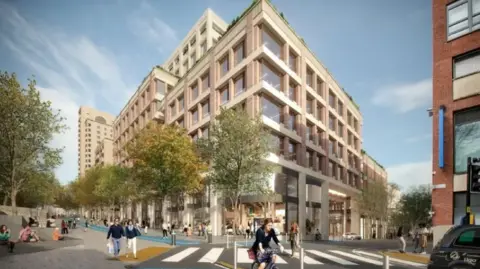 Deeley Freed An artist's impression of the new shopping centre with a building about six storeys high and a colonaded ground floor with shop windows. The street is tree-lined with pedestrians walking along it