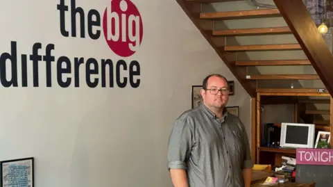 Michael Harris-Wakelam, CEO of non-profit Big Difference Company, stood in front of a wall painted with the words "The Big Difference" at the venue in Leicester.
