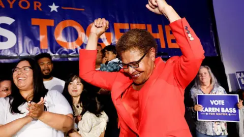  Los Angeles Mayor Karen Bass speaks at the Mayor Bass' election party for the California 2026 Primaries at the LINE Hotel on Tuesday, June 2, 2026 in Los Angeles, CA. 