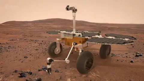 ESA A rover on Mars with four large wheels and a bed of solar panels on top