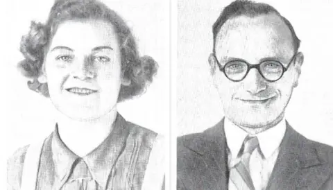 Black and white images of Peggy and Len Tasker sit side by side. She has short hair and is wearing a blouse with a pin at the neck. He has thick round spectacles, a suit jacket, white shirt and striped tie.