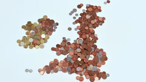 A graphic showing the United Kingdom and Ireland made up of coins. 