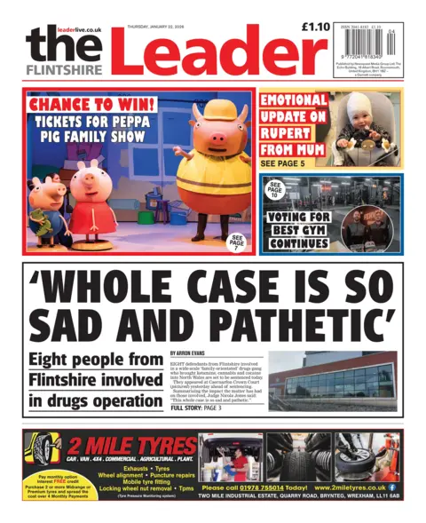 Flintshire Leader Flintshire Leader front page. Headline is: "Whole case is so sad and pathetic". Other headlines include: 'Emotional update on Rupert from mum'. 