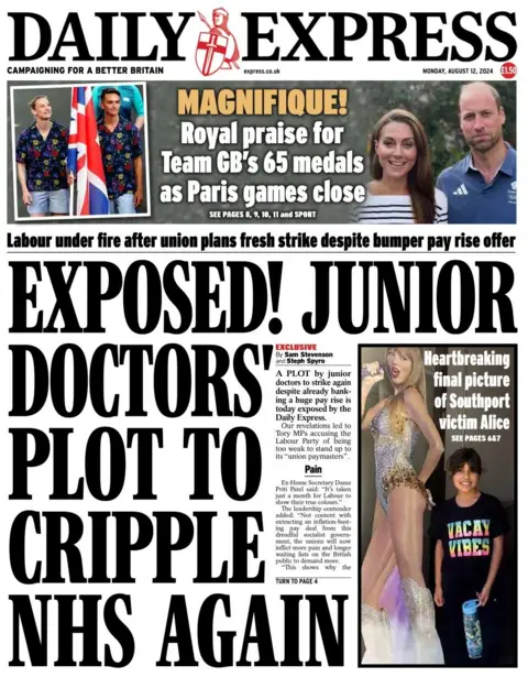 The headline in the Daily Express reads: Exposed, junior doctors' plot to cripple NHS again