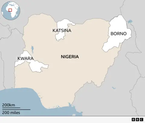 Map of Nigeria highlighting three states: Katsina in the north‑central region, Borno in the far northeast and Kwara in the west