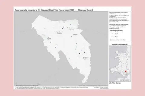 Welsh government The locations of the old tips are being published online. This example shows Blaenau Gwent