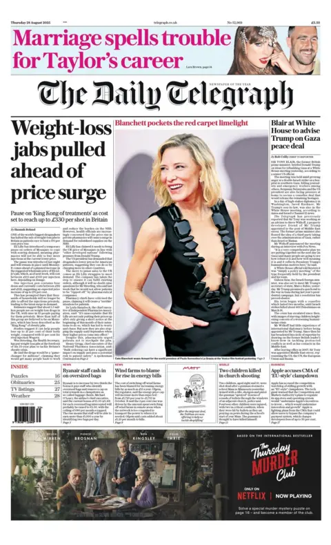The headline on the front page of the Daily Telegraph reads: "Weight-loss jabs pulled ahead of price surge".