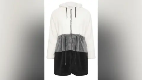 A longline fleece zip hoodie in three colour blocks. The top half is cream, the middle section is grey and the bottom section is black. It has side pockets and a drawstrings around the waist and neck of the fleece. 