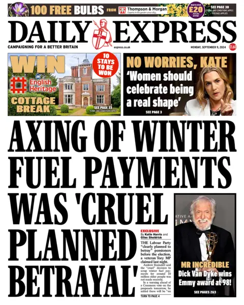 Daily Express header  reads "axing of wintertime  substance  payments was 'cruel planned betrayal'" 