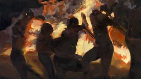 A painting showing male figures circling a blazing fire at night.