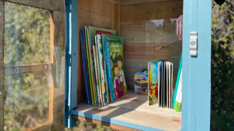 Books inside a bookshelf. There is a copy of Hansel and Gretel at the front. The shelf is made of light wood, but also framed with wood that has been painted light blue