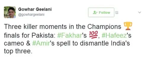 @gowhargeelani Three killer moments in the Champions 🏆 finals for Pakista: #Fakhar's 💯, #Hafeez's cameo & #Amir's spell to dismantle India's top three.