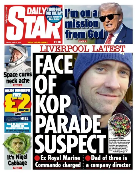 The headline on the front page of the Daily Star reads: "Face of Kop parade suspect".