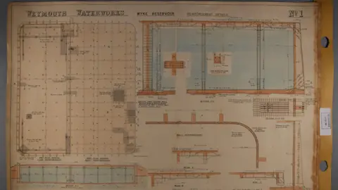 Dorset Council A map of Weymouth waterworks. It is undated but has diagrams of various sewers and tanks on it.