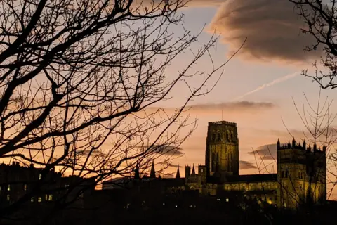 BBC Weather Watchers / Northern Cockney Durham Cathedral is lit at dusk.