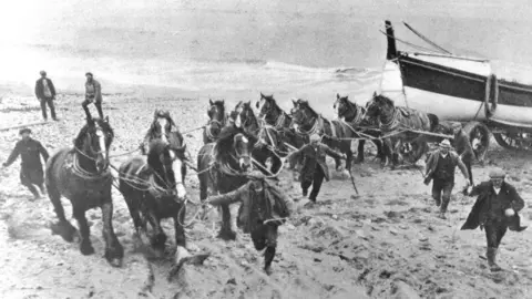 Wells Harbour Commissioners Original picture of horses pulling lifeboat, Wells-next-the-Sea