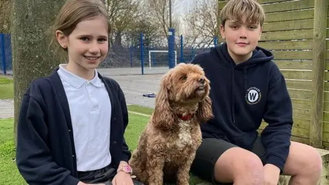 Poppy the golden cockapoo dog sits in the middle of Phoebe who is 8 and Leo who is 11. They are both wearing school uniforms. Phoebe has a grey skirt, white polo shirt and navy cardigan. Leo is wearing a navy hoody and grey shorts. 