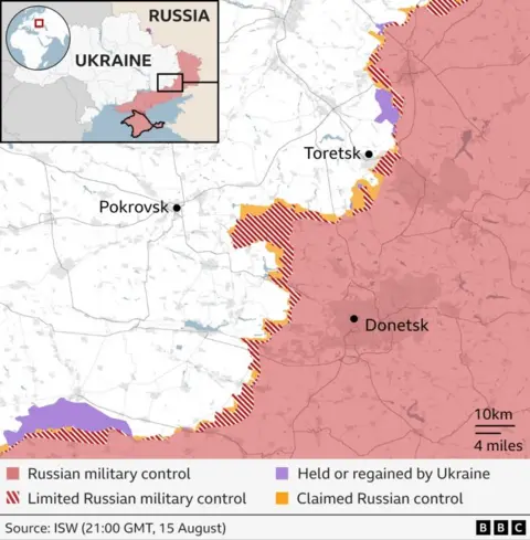 Map of eastern Ukraine showing a large swath of the Donetsk region in red, showing it's under Russian military control, along with the city of Toretsk, close to the area of Russian influence, and the town of Pokrovsk, which is situated a bit further back from Russian attack lines 