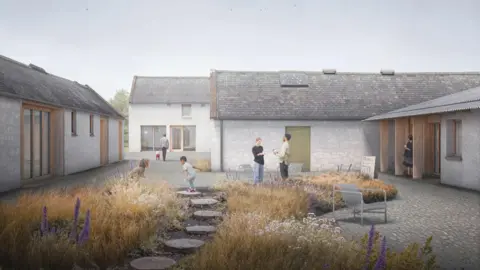 An artist's impression of the development of Ellisland Farm. A courtyard surrounded by single-storey stone buildings, painted white with pitched slate roofs. The yard appears to be cobbled and there are shrubs and grasses in the foreground with stepping stones running through them. 