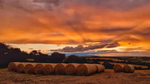 MackemIan A field with a group of round hay bales. There are rolling fields in the distance broken up by trees and hedges which have been cast in shadow. The orange sky is covered in a large thick cloud at the top. Towards the bottom of the sky the clouds are more sparse with bits of the blue, grey and pink sky peeking through. 