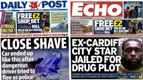 Front pages of the Daily Post and South Wales Echo with the splash headlines "Close shave" and "Ex-Cardiff City star jailed for drug plot"