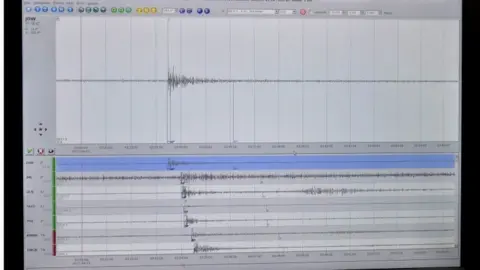 AFP A screen featuring a seismic reading of a 6.2 magnitude earthquake caused by a North Korean nuclear test, is pictured at Indonesia"s Meterological, Climatological and Geophysical Agency (BMKG) in Jakarta on September 3, 2017.