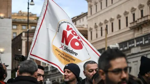 EPA A group of men, one holding a white banner which says Vote No, in a dquare surrounded by buildings