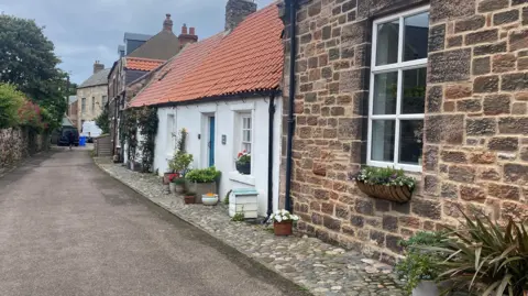 A narrow rural street has a wall on one side and a row of old cottages on the right. They are a mixture of one storey and two and are made of stone, with one painted white, and have pots of flowers outside on a narrow cobbled pavement.