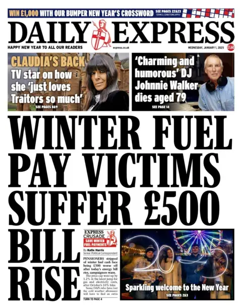 The Daily Express' front page reads 'Winter Fuel Pay Victims Suffer £500 Bill Rise'