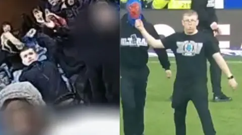 Stills taken from video footage of John Smith throwing a bottle onto the pitch from a football stand and Mackenzie Graham on the pitch with his arm raised. A man wearing a mask is behind him.